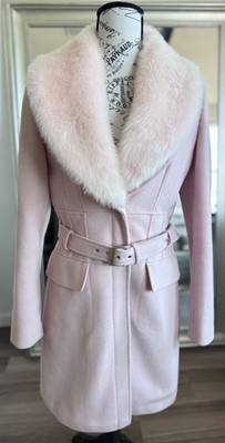 90s Y2K Style BEBE Baby Pink Faux Fur Collar Belt Trench Coat Size S *FLAWS
