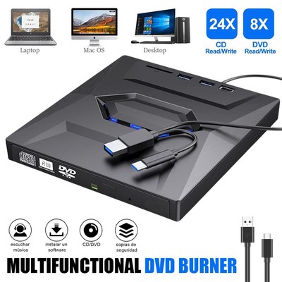 Externes CD/DVD Laufwerk USB 3.0 +Type C Brenner Player für PC Laptop/Windows 11