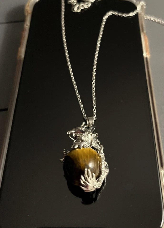 Collar Dragón Acero Inoxidable Gema Redonda Ojo de Tigre Dorado Natural 6mm Por NIA Foto 3 de 4