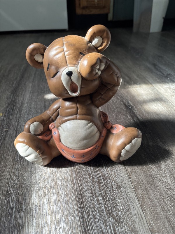 Vintage 1987 Ceramic Hand Painted Kimple Mold Corp Sleepy Bear Sitting Yawning
