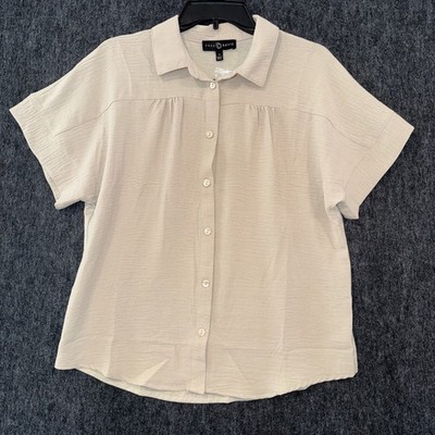 Fred David Womens Sz M Beige Button Front Blouse Short Sleeve Lightweight Casual