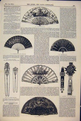 Original alter antiker Druck Seidenfächer Fächer Elfenbein Satin Ohrringe Spitze 1874 viktorianisch