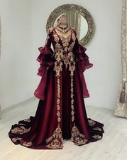 Burgundy Velvet Muslim Prom Dresses Long Sleeve Jacket Gold Lace No Headscarf