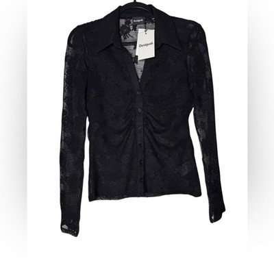 Desigual Sheer Lace Button Front Blouse Womens Medium Black Mesh Stretch Top NWT