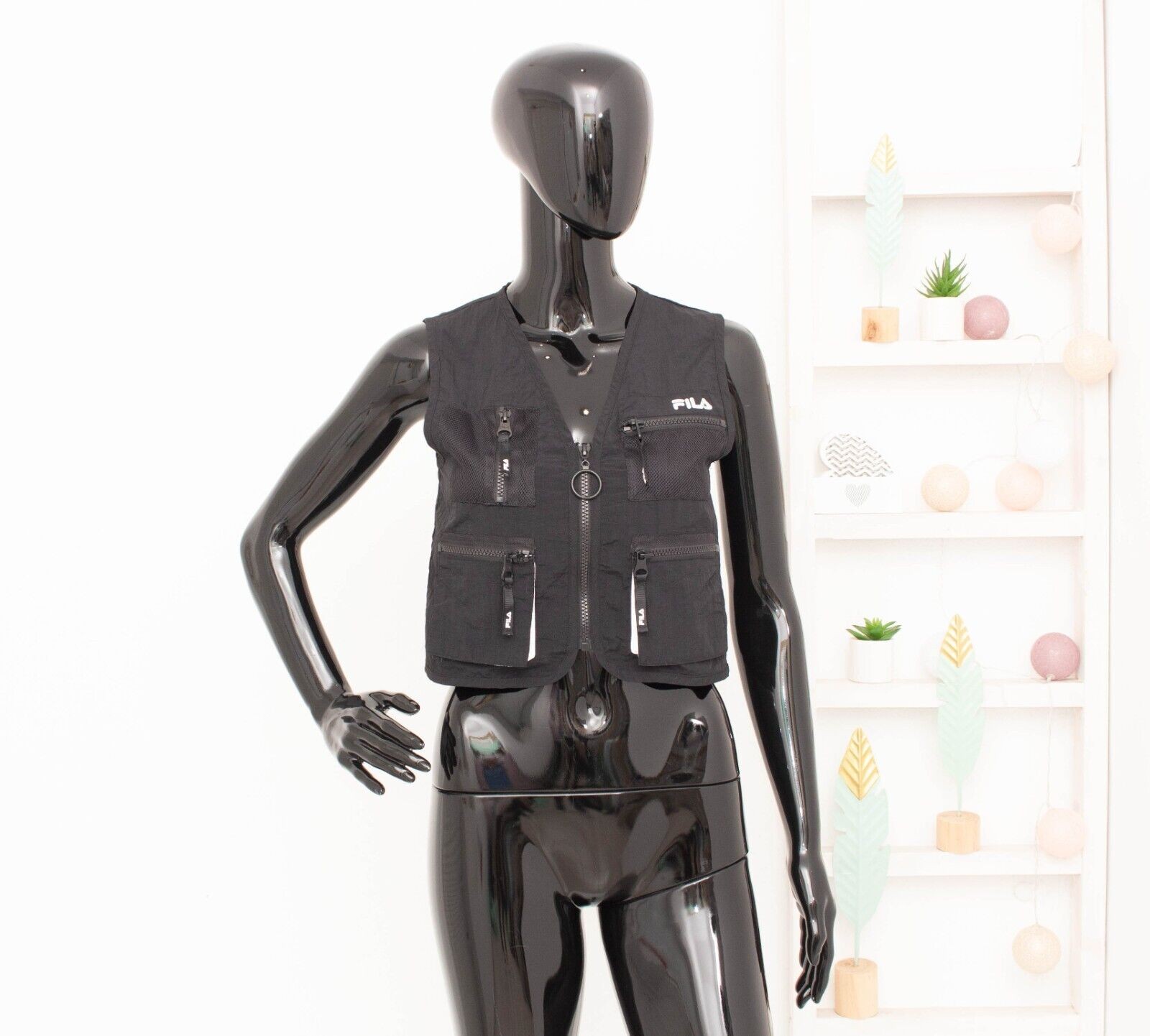 Gilet Fila giacca senza maniche nera tasche tagliate logo stile esercito...