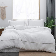 Queen Linen Duvet Cover Set - Soft White with Striped Detail, 3 Pieces