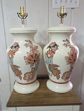 2 Vintage Ceramic Ginger Jar Lamps With Asian Motif Flowers Hand Paint 23" Tall