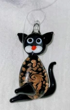 Black & White W Murano Style Blown Art Glass Cat Pendant - Necklace - Ornament 