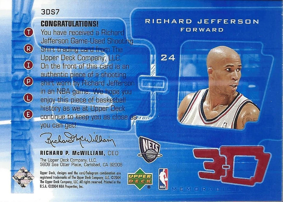 2003-04 UD Triple Dimensions 3-D Shooting Shirts #S7 Richard Jefferson /499 - Image 2 of 2