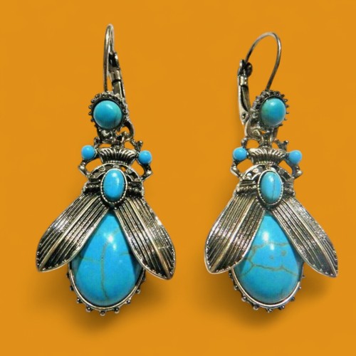 GOLD-TONE HOWLITE SCARAB BEETLE EARRINGS faux turquoise Egyptian insect Ra E3