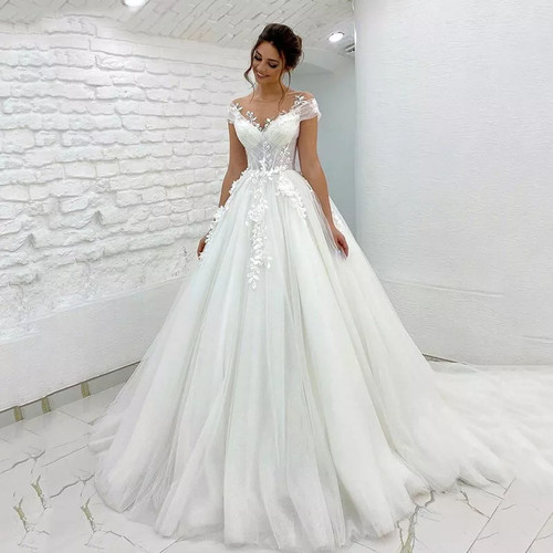 Weiß Elfenbein Boot-Ausschnitt Brautkleider Spitze Applikationen Tüll Brautkleid - Bild 1 von 5