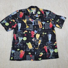 Vintage Paradise Found Hawaiian Shirt Mens L Black Cocktail Happy Hour Olive USA