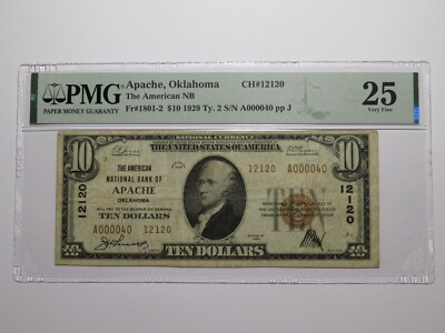 #ad $10 1929 Apache Oklahoma OK National Currency Bank Note Bill #12120 VF25 PMG $1799.99