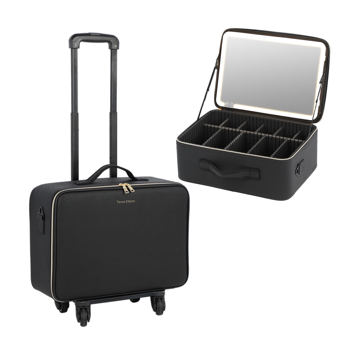 Extra Large PU Cosmetics Train Case with Rechargeable LED Lighted Mirror and 3 Compartments