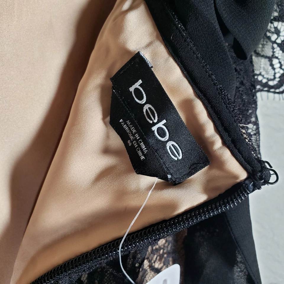 New BEBE Dress Size 00 Kendall, Off Shoulder, Tie Neck, Lace Black Gold NWT - image 4 of 4