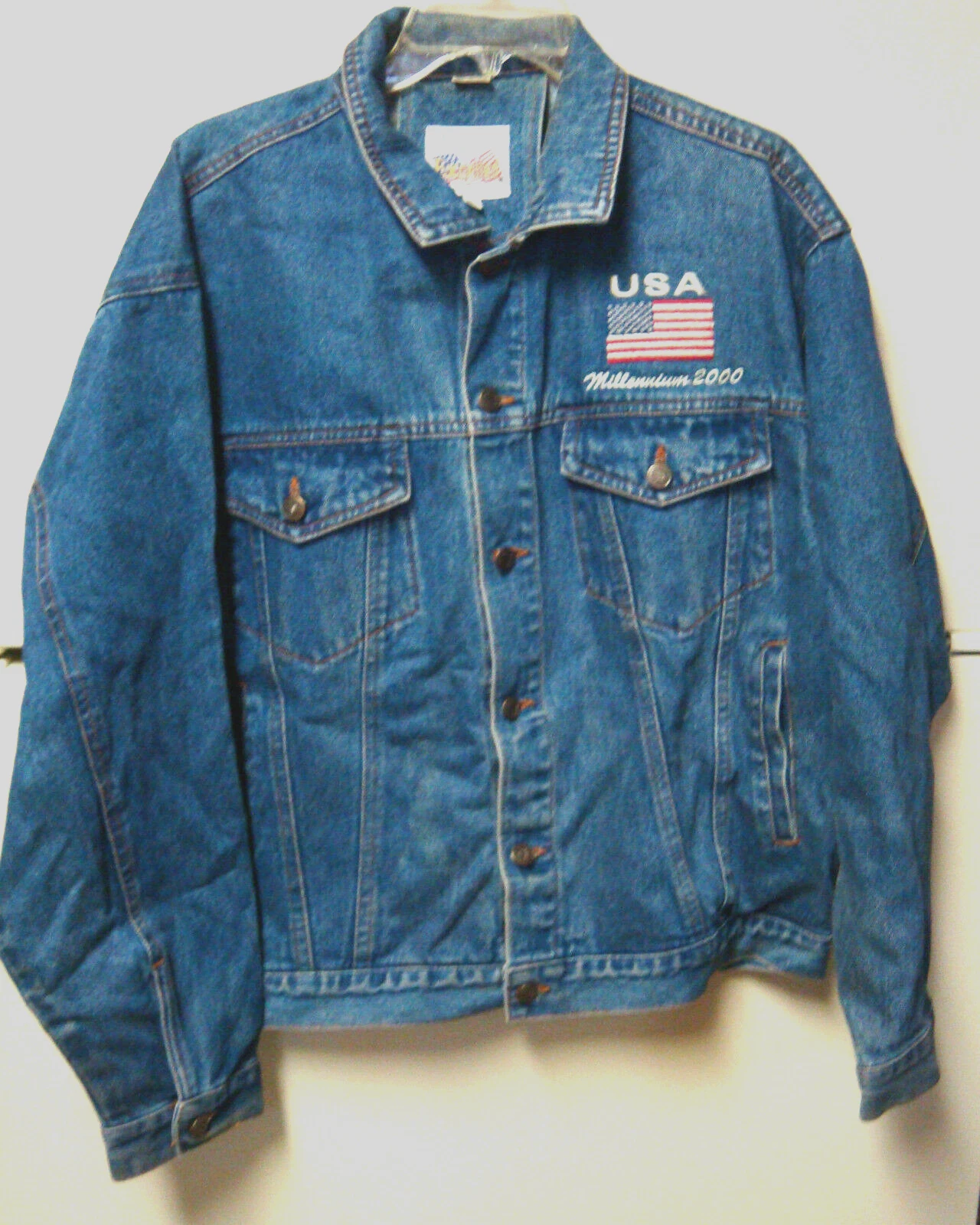 XL Blue Denim CLASSIC JEAN JACKET 2000 Millennium LEATHER US FLAG by EXCELLED