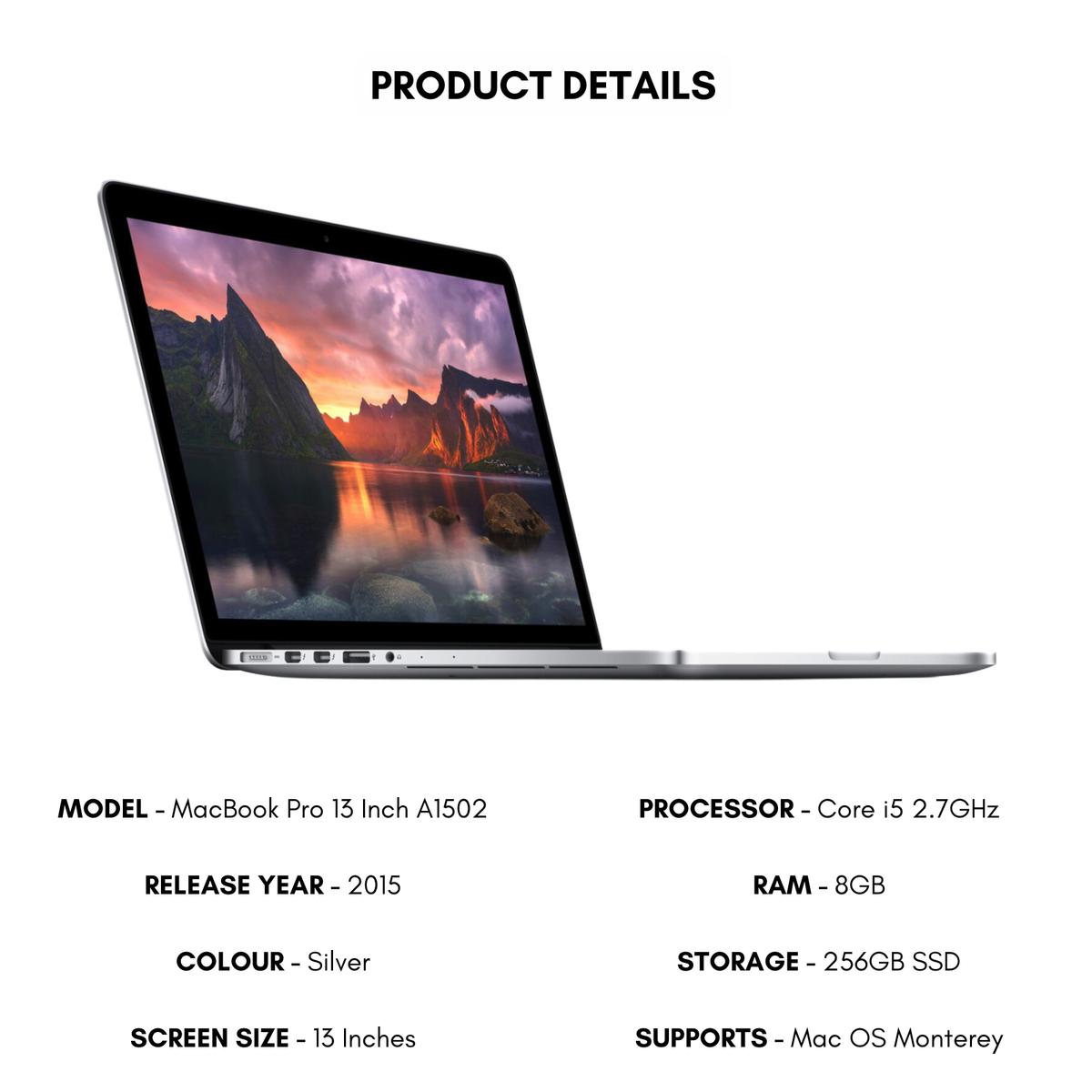 Apple MacBook Pro 13 Inch Laptop 2015 Core i5 2.7GHz 8GB Ram 256GB