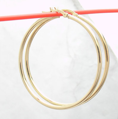 2.25" Technibond Shiny Plain Round Hoop Earrings 14K Yellow Gold - Foto 2
