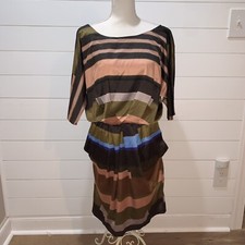 Vince Camuto Womans Black Striped Cinched waist dolman sleeve dress size 10