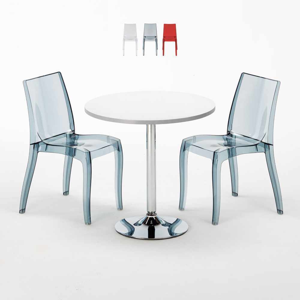 Mesa Redonda Blanca 70x70 cm y 2 Sillas De Colores Transparentes Cristal...