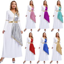 Womens Roman Greek Costume Toga Long Sleeve Overlay Tunic Praise Dance Dress