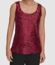 DKNY Women's Red Scoop-Neck Sequin Tank Top Size XL