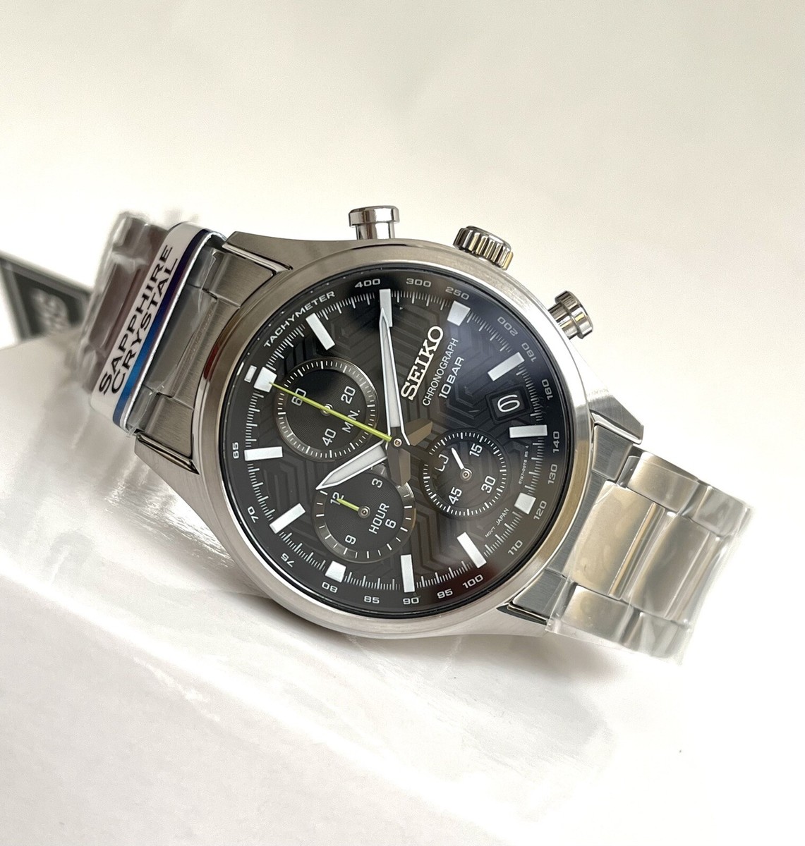 New! Seiko SSB419P1 Chronograph Black Date Dial Silver Steel Strap