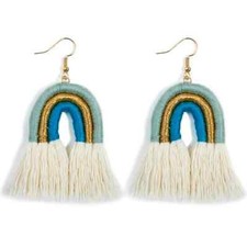 Sage/Gold/Turquoise/Cream BOHO Rainbow Tassel Fishhook Earrings