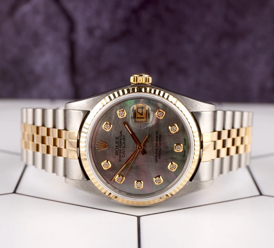 Rolex Datejust 36mm Yellow Gold Fluted Black Mop Diamond Dial Jubilee Watch - Image 2 of 4