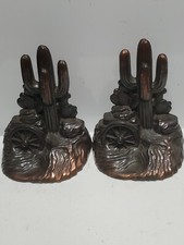 Vintage Bronze Cactus  Bookends Wagon Wheel W...