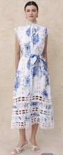 Lai Meng Five Cats Blue Hydrangea Cutwork Lace Trim Midi Dress Sleeveless S