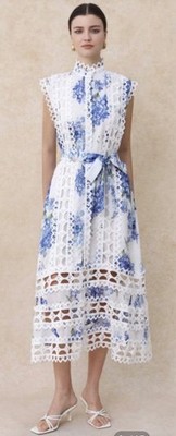 Lai Meng Five Cats Blue Hydrangea  Cutwork Lace Trim Midi Dress Sleeveless S