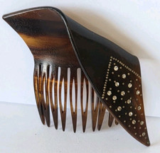 Vintage Unique Faux Tortoiseshell Hair Comb Rhinestone Art Deco Gold Tone Inlay