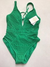 New Becca 1 Piece Swimsuit Green Small Remove Cups Crochet Sheer 128 C20-15 
