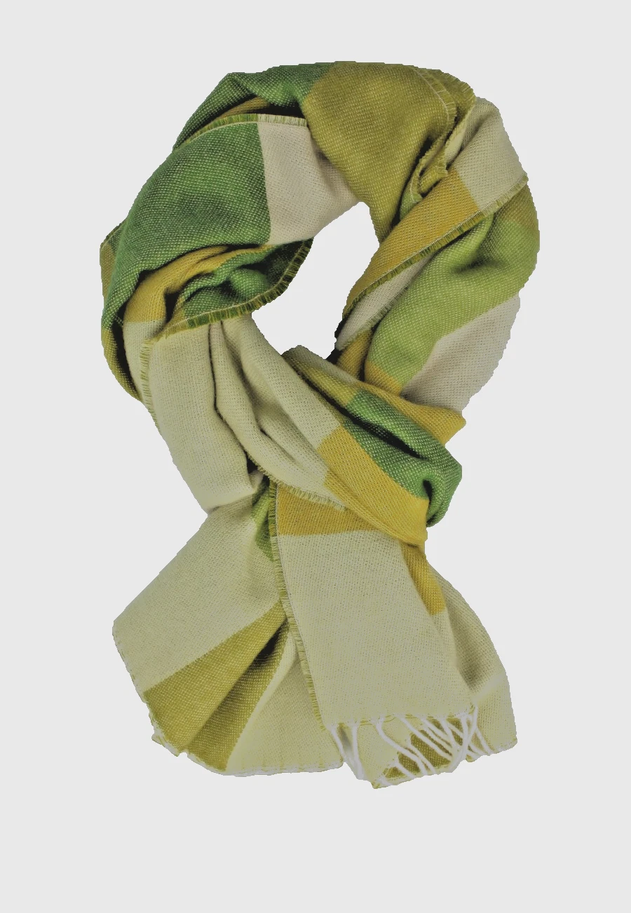 Scarf woven scarf 100% wool (merino) check green yellow unisex with fringe