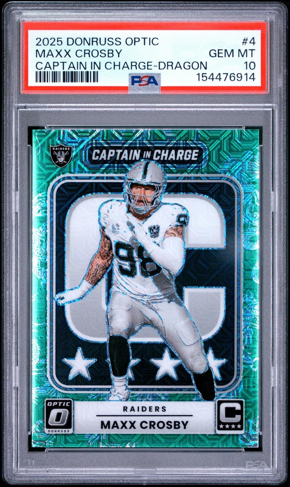 MAXX CROSBY 2025 DONRUSS OPTIC DRAGON PRIZM CAPTAIN IN CHARGE SP 20/24 PSA 10