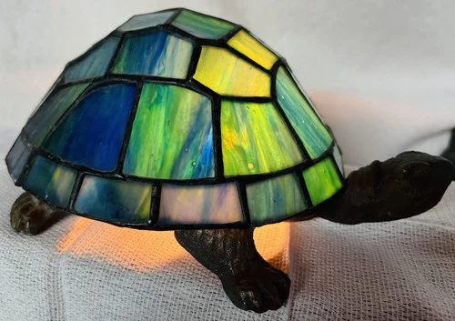 Vintage Brass Bronze Tiffany Style Turtle Accent Lamp Night Light Stained Glass