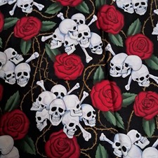 Skulls Roses Fabric 72" X 43" Alexander Henry Born To Ride 2002 UNCUT Biker