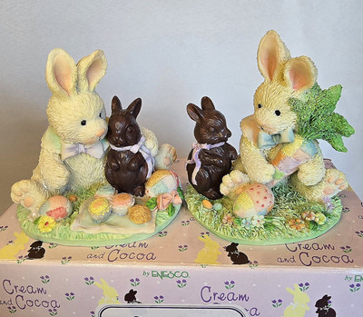 Vintage Enesco Cream and Cocoa Easter Bunny Figurines Set of Two 1992 With Box