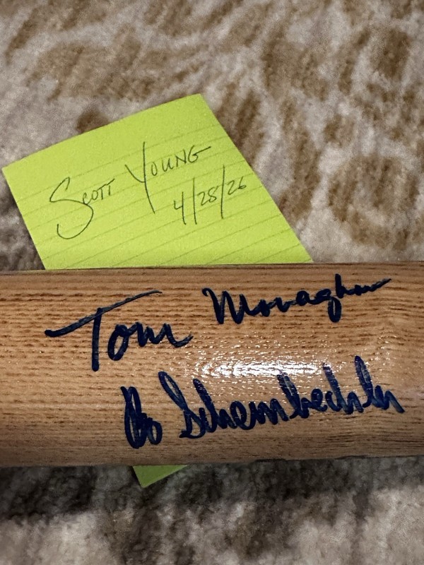 Bo Schembechler & Tom Monaghan Autograph Bat Michigan Wolverines Detroit Tigers