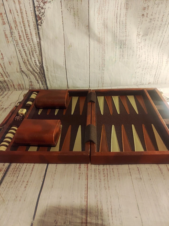 Vintage APEX Backgammon Game Set in a Faux Brown Leather Case w Book - Image 2 of 4