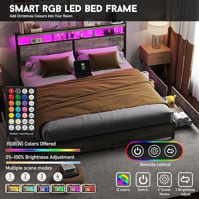 4 Storage Drawers Bed frame Metal Platform with Headboard,LED Light, Charging US