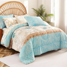 Blue Coastal Queen Size Comforter Set 7 Pieces,Starfish Printed Bedding Bed in a