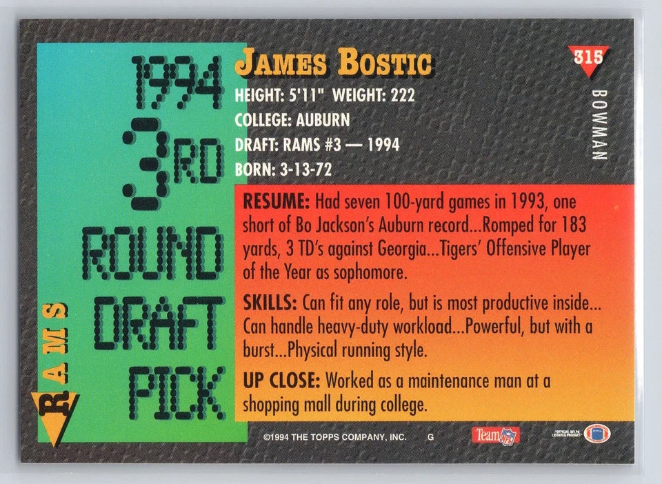 1994 Bowman #315 James Bostic - RC Rookie - Rams - Image 2 of 2
