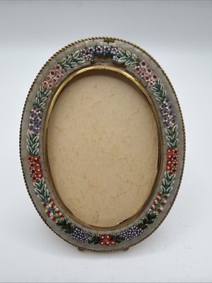 1960s Italian Green Multi Floral Micro Mosaic Oval Frame Easel Back 4x3  As Is