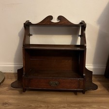 Antique Edwardian Arts & Crafts Oak Wall Shelf Unit Hanging Bookcase Drawer Dark