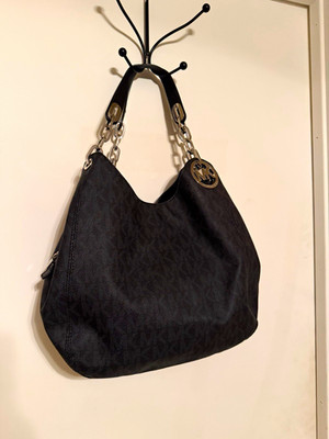 Michael Kors Black Monogram Shoulder Bag Zip Closure MK built-in Charm