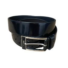 Prada Belt Mens Size 44  Black Leather Silvertone Buckle Logo Italy Made MINT