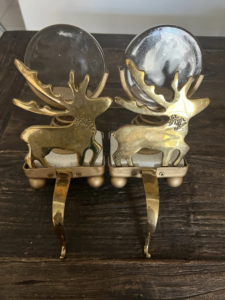 Medias de reno de Navidad de latón vintage velas base de piedra pesada X2 Foto 2 de 4