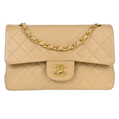 Chanel Beige Lambskin Small Classic Double Flap Shoulder Bag 126755